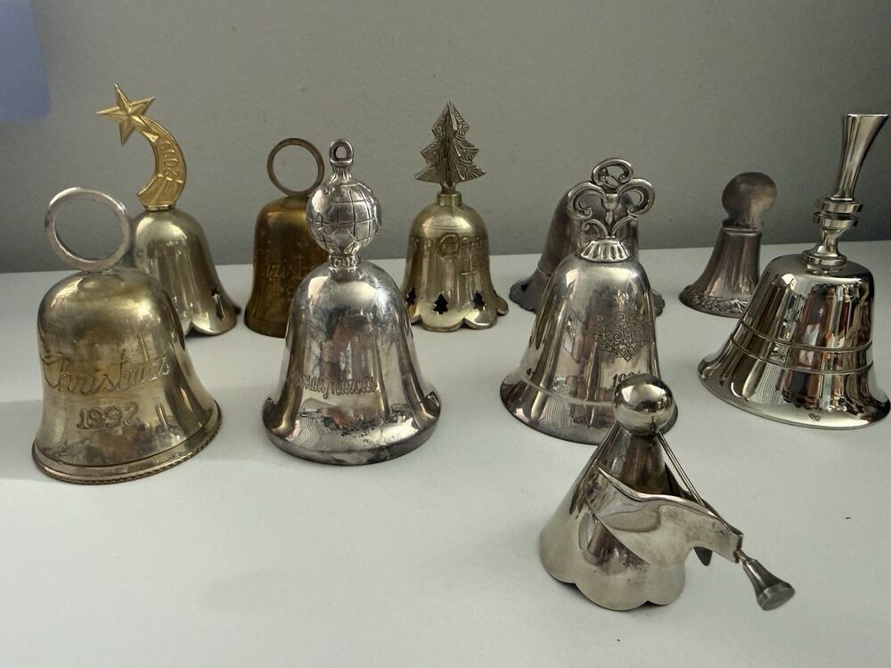 Lot of 10 Vintage Christmas Bells Kirk Stieff International Silver 1991-2000